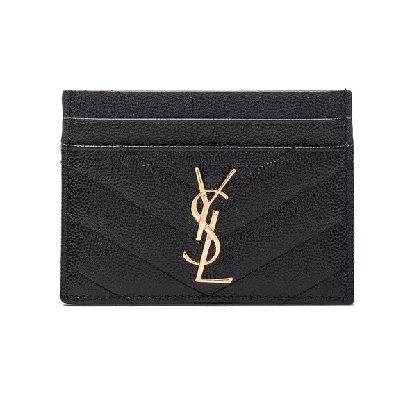 NWT Saint Laurent YSL Card Holder Chevron Pattern Black Leather Grain De Poudre - Picture 1 of 10